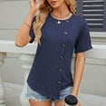 thumbnail image 7 of Riforla Women Short Sleeves T Shirt Round Neck Button Trim Irregular Hem Tee Tops Tunic Blouse T-shirts for Women Navy L, 7 of 7