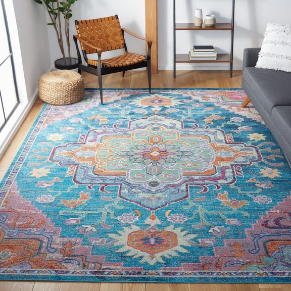 SAFAVIEH Crystal Debra Southwestern Area Rug, Teal/Rose, 9' x 9' Square
