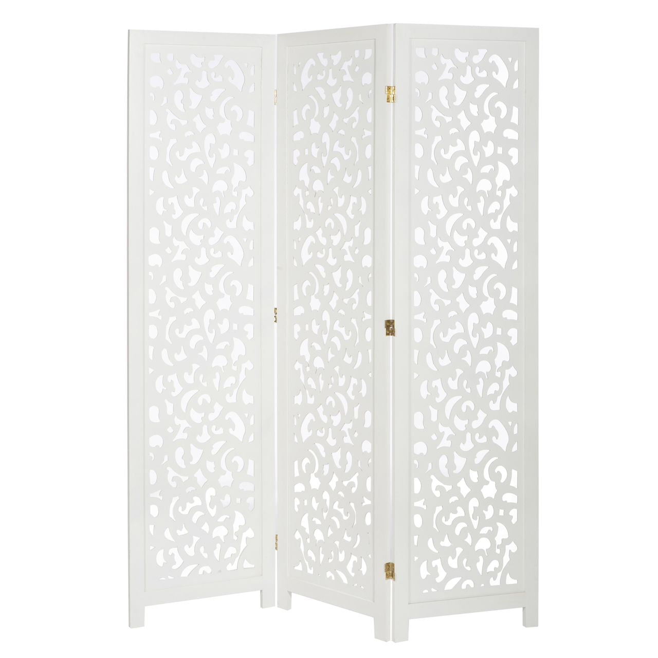 3 Panel Solid Wood Screen Room Divider, White Color With Decorative