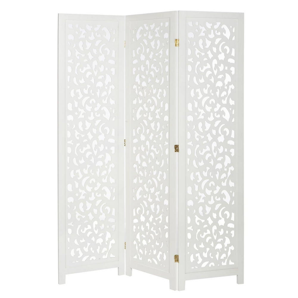 3 Panel Solid Wood Screen Room Divider, White Color With Decorative