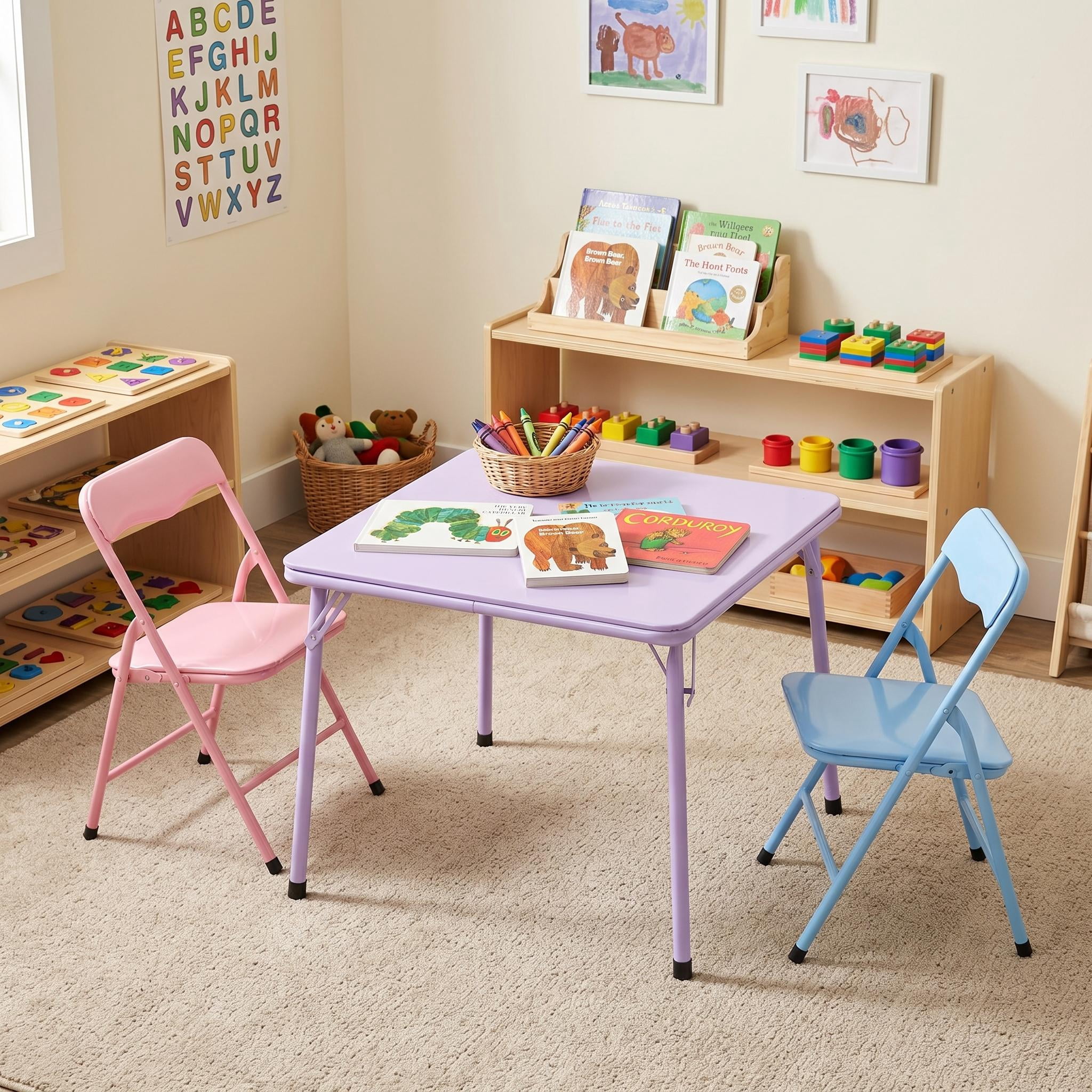 Homy Casa Kids Folding Play Table with 2 Chairs, Multicolor Toddler Playroom Classroom Activity Set
