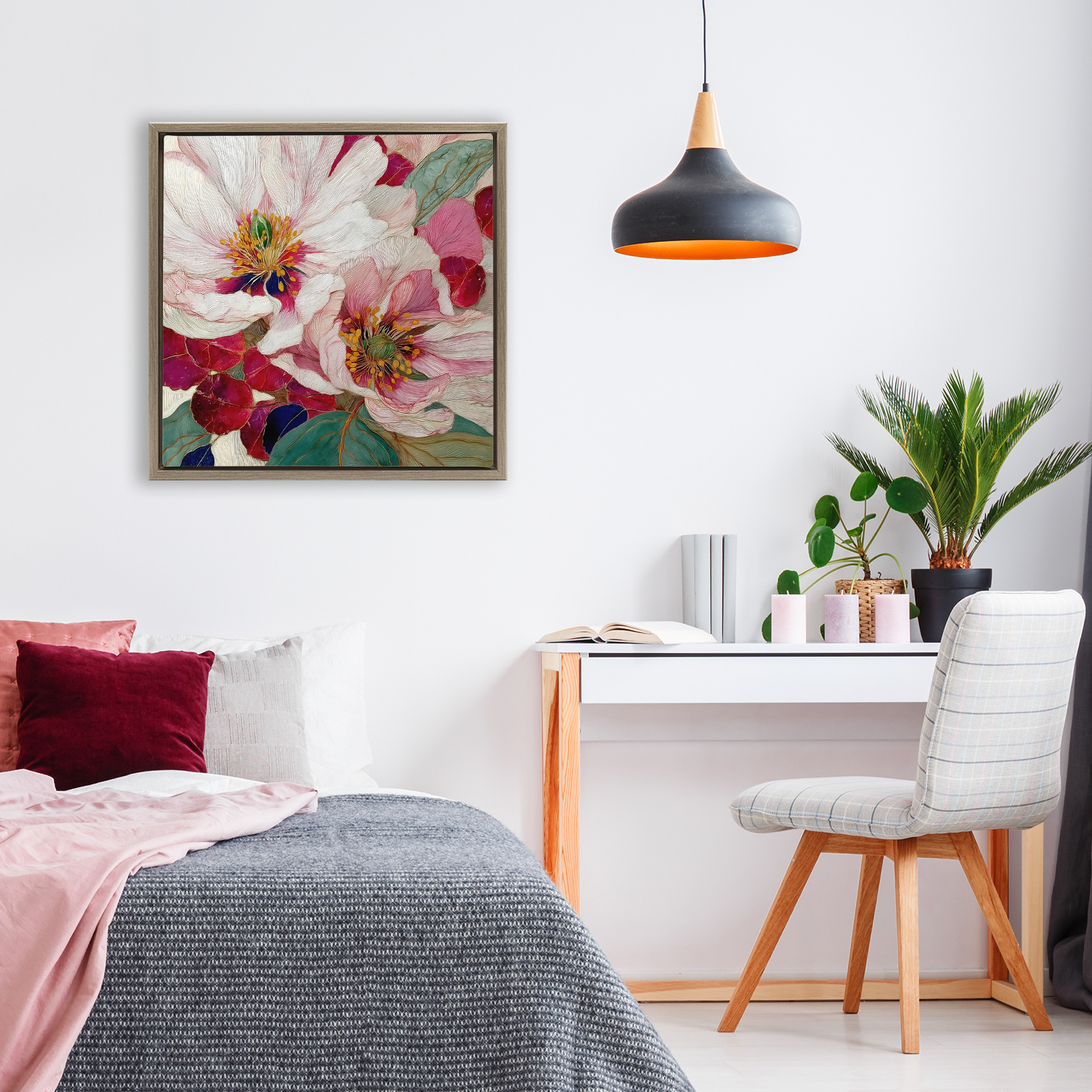 Cimarron Flowers Ornate Details Brown Framed Floater Canvas Wall Art, design by Annabelle Hall