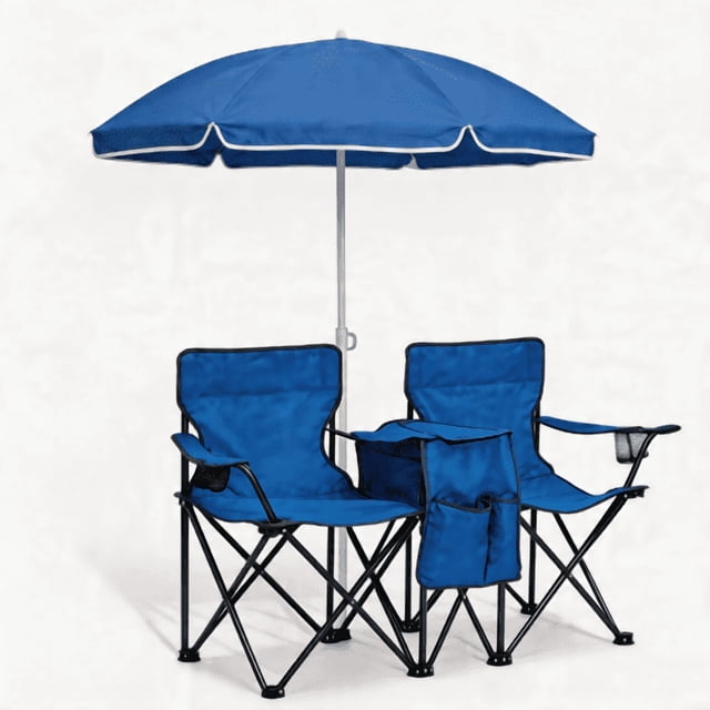 Silla de playa plegable doble portátil con paraguas, silla de camping al aire libre de 2 personas con soportes de copas