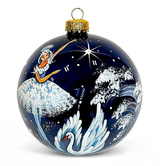STP Goods Swan Lake Glass Christmas Ball Ornament with Panoramic Design 3.9" (10 cm) Hand-Painted Christmas Tree Ornament Collectible Christmas Tree Hanging Decoration, Blue White