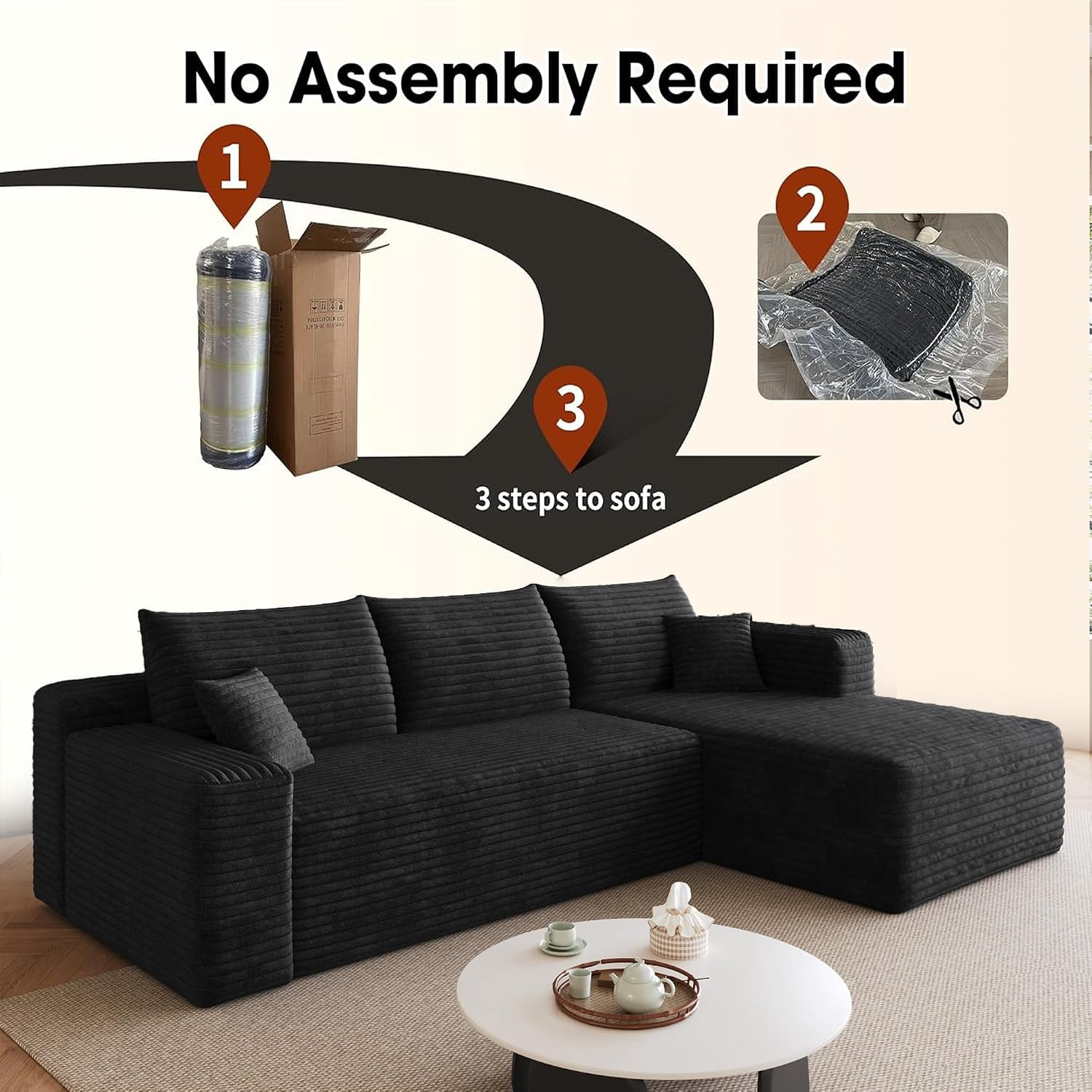 MOONMISS 95" Cloud Sectional Sofa,Modern Minimalist Upholstered Couches, L Shaped Deep Seat Corner Couch Sofa for Living Room,Black Corduroy