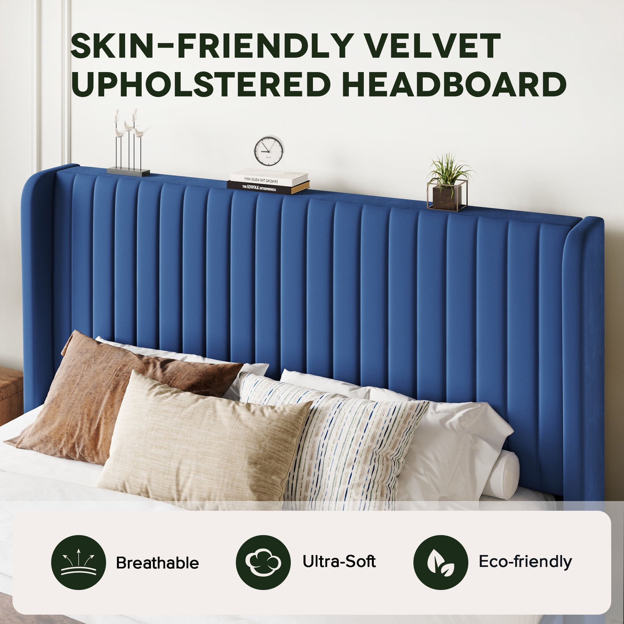 Einfach Full Bed Frame, Upholstered Platform Bed with Wingback Headboard, No Box Spring Required, Dark Blue