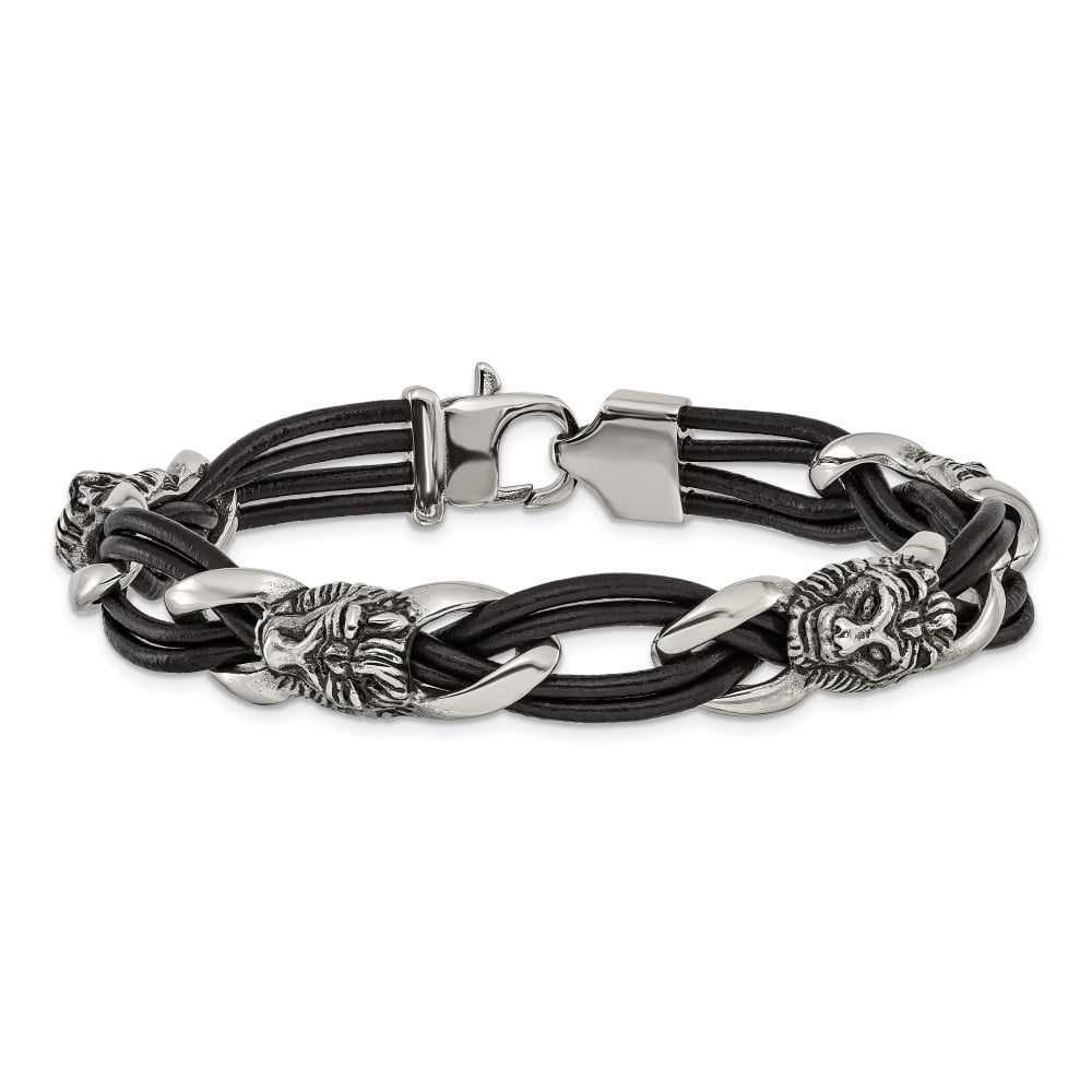 Diamond2Deal Stainless Steel Antiqued and Polished Lion Head Dark Brown Leather Bracelet for Men 8.5"