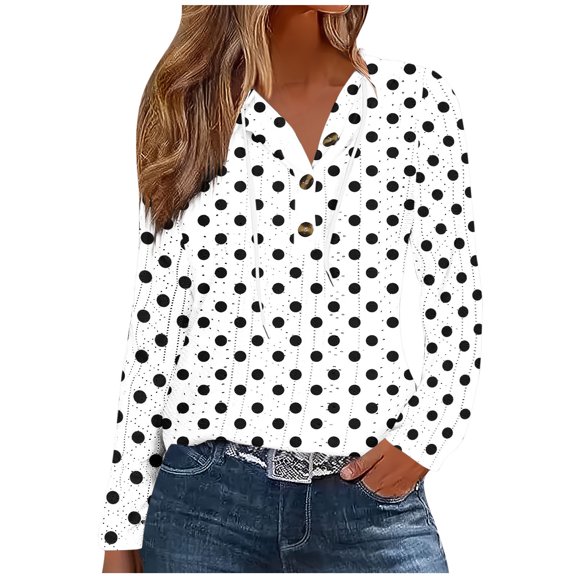 ABATAB Womens Fashion Polka Dots Eyelets Hoodie Sweatshirts Casual Button V Neck Long Sleeve Trendy Pullover Tops with Drawstring(X-Large,White)