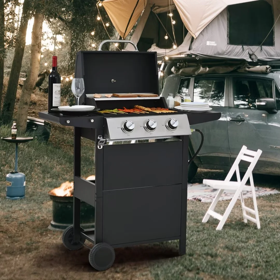 Leuco 3 Burner BBQ Propane Gas Grill, Stainless Steel 25,650 BTU Patio Garden Barbecue Grill with Two Shelves, Lid, Wheels and Bottle Opener