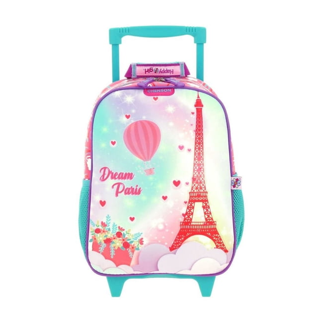 mochila chenson con ruedas prescolar happy girl paris hg65881-p rosa, vista frontal con Torre Eiffel roja, globo aerostático rosa, pequeños corazones y texto "Dream Paris", asa telescópica turquesa, ruedas integradas y bolsillos laterales de malla.