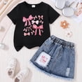 thumbnail image 2 of larppty Girls’ Bow Print T-Shirt and Denim Skirt Set – Cute 2-Piece Outfit for Kids, Soft Cotton Blend, Casual Wear for Playtime, School, and Parties（X， 4-5 Years）, 2 of 3