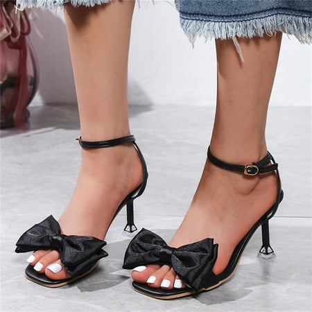 

NEGJ Fashion Summer Women Sandals High Heel Open Toe Bow Ankle Buckle Strap Solid Color Casual