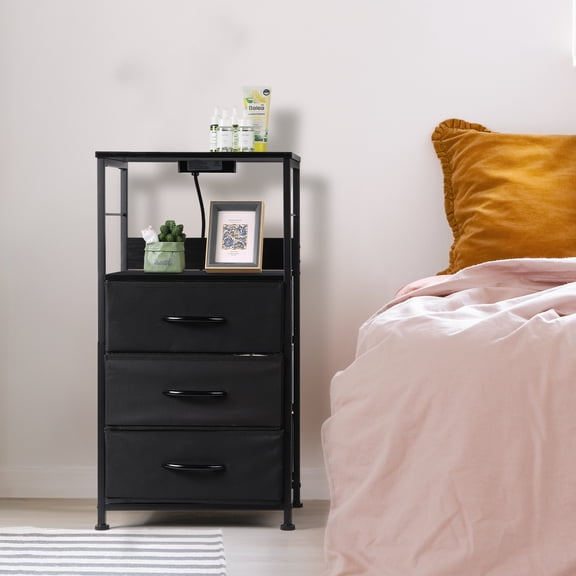 Tall Night Stand with Drawers, Black Nightstand with Charging Station, 5‑Tier Side Table with USB Ports & Outlets for Bedroom, Living Room, Office