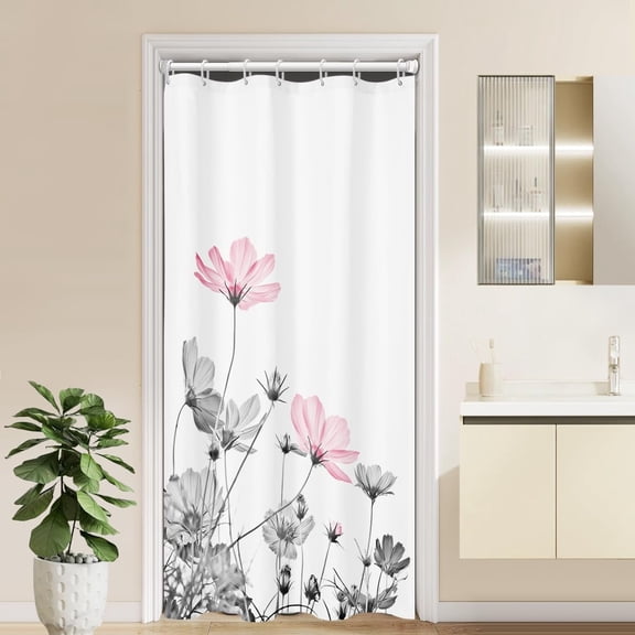 Stall Shower Curtain Half 36''''W x 72''''L Pink Gray White Grey Flowers Wildflower Daisy Floral Stand up Botanical Simple Mini Small Bathroom Curtains Polyester Fabric 7 Pack Plastic Hooks