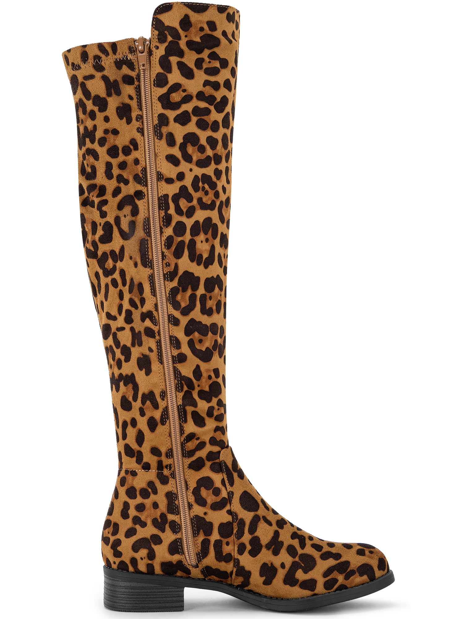 DARING DIVA Women's Chunky Heels Side Zipper Round Toe Knee High Boots Leopard 9