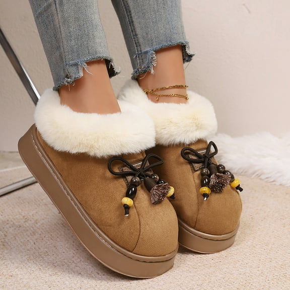 Womens Brown Fuzzy Lined Platform Shoes - Warm Flock Upper with Tassel Beads, Comfortable Casual Winter Shoes for Indoor Outdoor, US Size Available,Size 42
