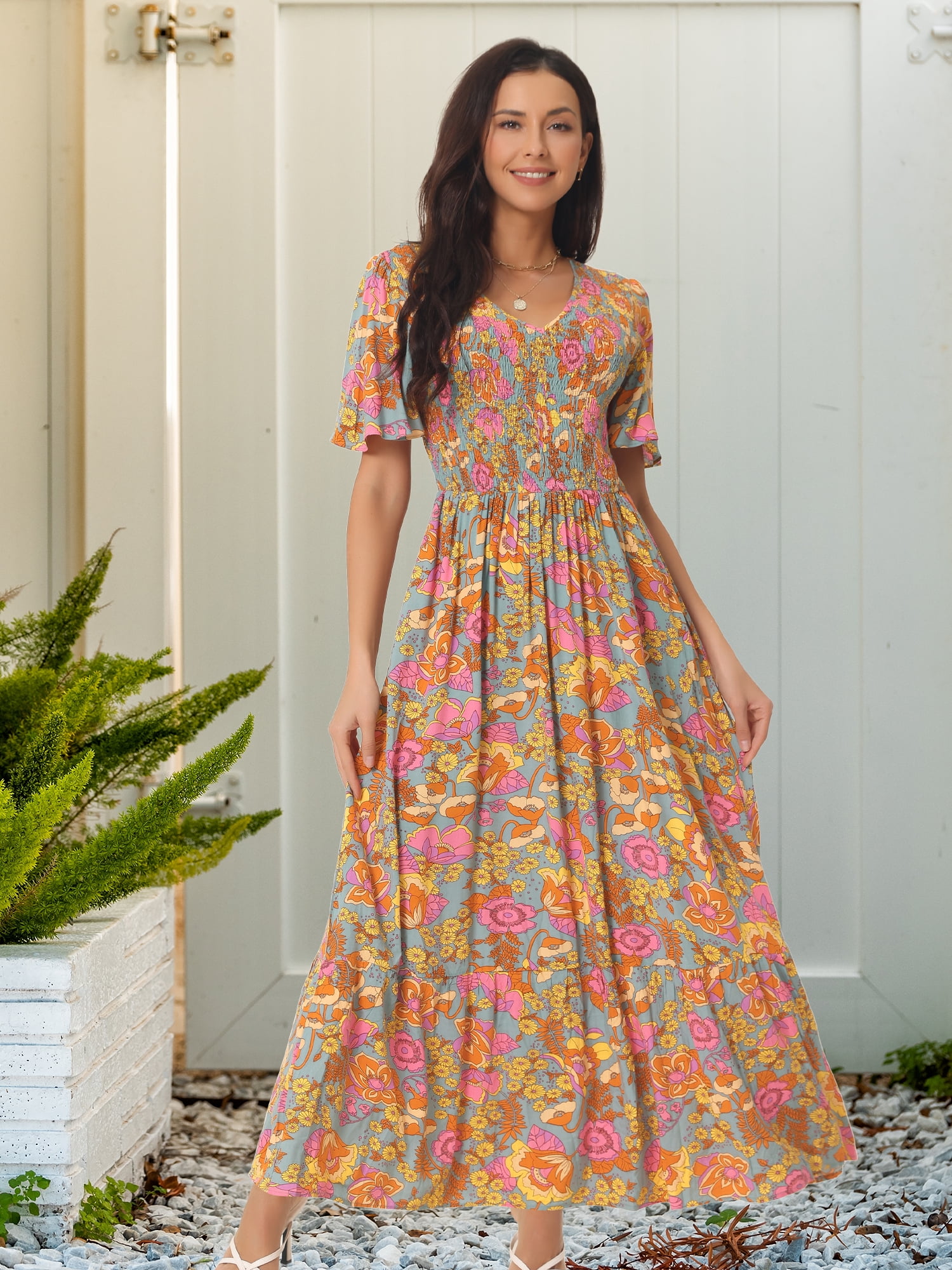 DARING DIVA Short Flutter Sleeve Smocked Flowy Maxi Dres XL Grey Green