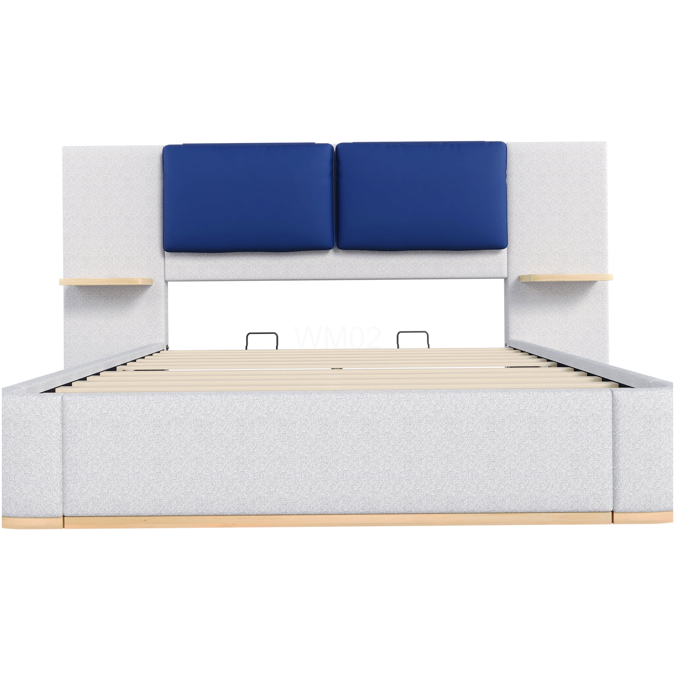 Queen Upholstered Storage Bed Frame with Shelves, Blue Grey Fabric Headboard, No Box Spring Needed, Noise Free Platform Bed