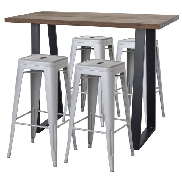 AmeriHome Acacia Wood Top Pub Table with 4 Pack 30inch Zinc Grey