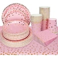 thumbnail image 1 of 201 piezas de suministros para fiestas desechables de color rosa y dorado, que incluyen platos de papel con lunares, servilletas, vasos, cuchillos, cucharas, tenedores y manteles JAMW Sencillez, 1 of 5