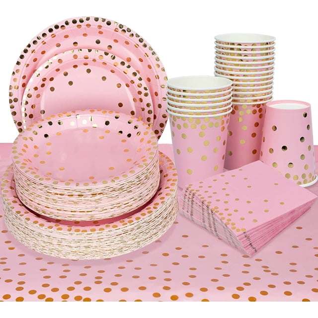 201 piezas de suministros para fiestas desechables de color rosa y dorado, que incluyen platos de papel con lunares, servilletas, vasos, cuchillos, cucharas, tenedores y manteles JAMW Sencillez