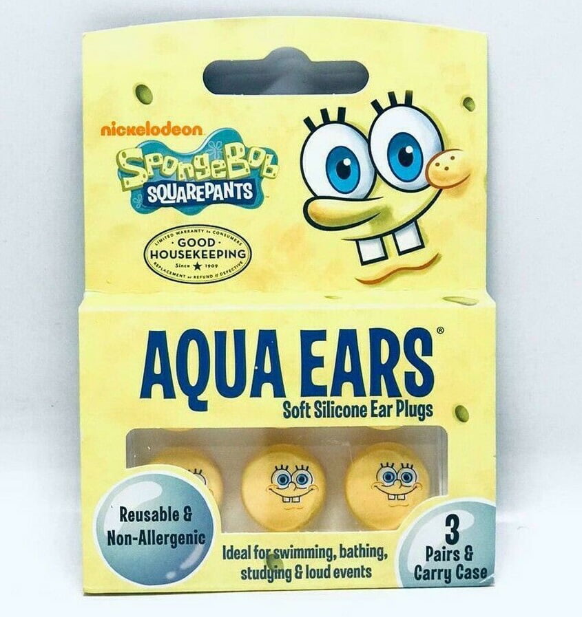AQUA EARS SPONGEBOB Squarepants Kids Silicone ear plugs Swim Class Reusable NEW 