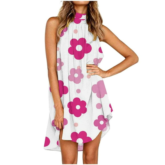 Viikei Womens Dresses Plus Size Summer,Women's Party Short Sleeve Dress,Women's Striped Polka Print Dress Sleeveless Round Neck Knee-length Dress Pink S