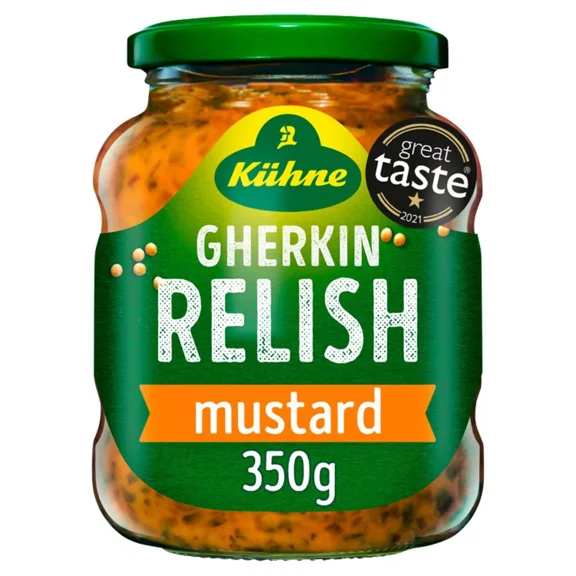 Kuhne Sweet Pickle Gherkin Relish 350g - Mustard gherkin relish with crunchy gherkin cubes and mustard. Complements meat dishes, sandwiches or hot dogs.