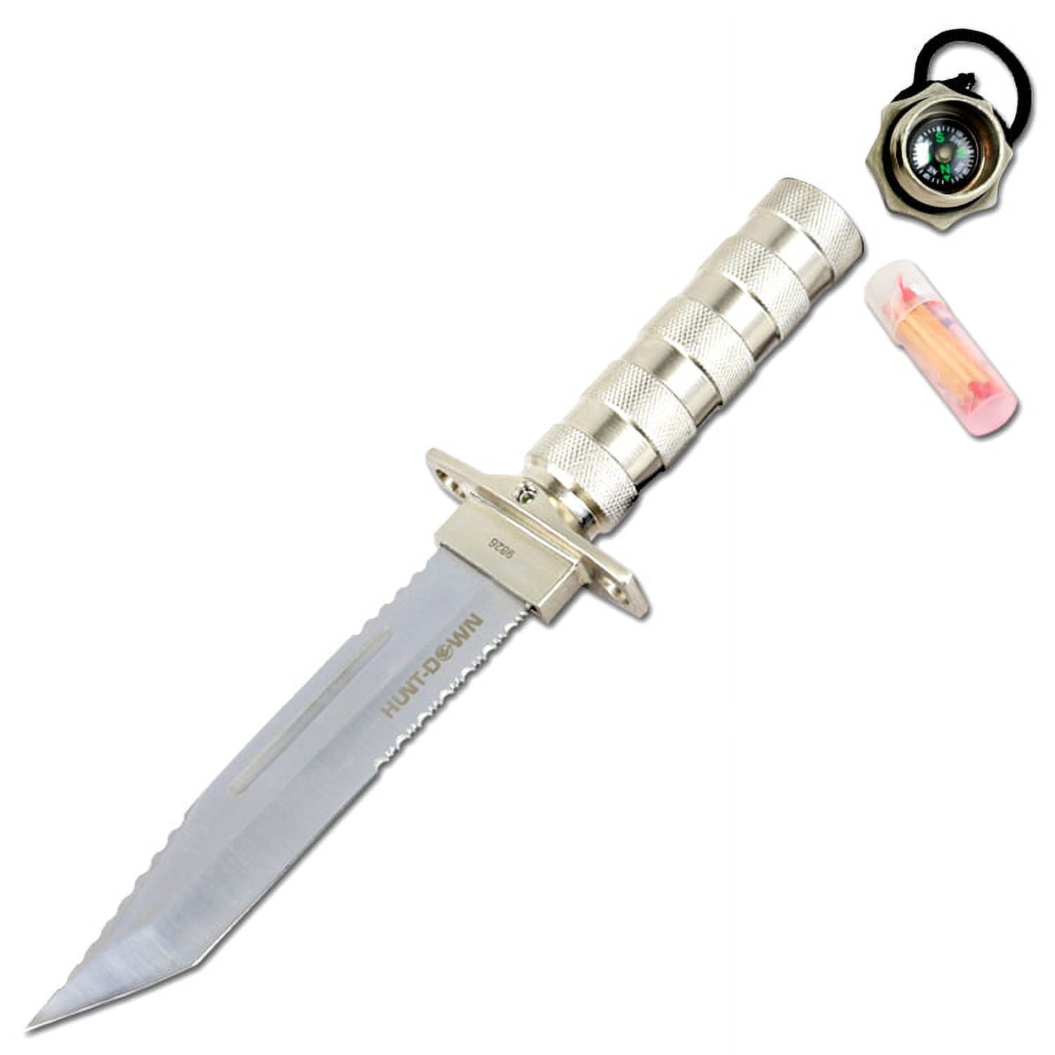 Hunt-Down 12" Chrome Color Fixed Blade Survival Knife - Survival Kit  Compass 9826