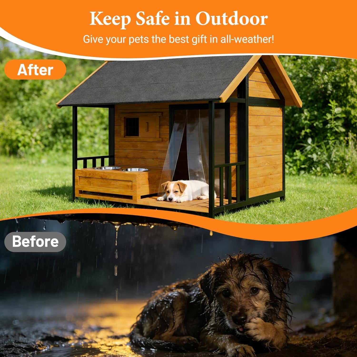 HomeSheek Large Outdoor Dog House with Bowl Stand, Weatherproof Roof & Iron Frame, Easy Assembly, Pet Kennel for Small Medium Large Breeds