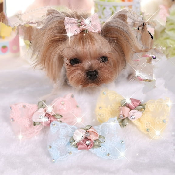 3 packs Rhinestone Barrettes for Girls Dog Hair Clips Small Dogs Pet Bows
