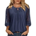 thumbnail image 2 of ClodeEU Women's Lace Patchwork 3/4 Sleeve Crewneck Top ,Solid Color Casual Spring Summer Blouse Blue,Women's Plus S, 2 of 6