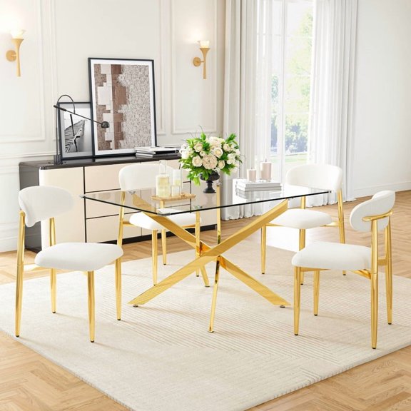 5-Piece Glass Dining Table Set, 50" Rectangular Tempered Glass Kitchen Table with 4 Upholstered Chairs Modern for Small Spaces