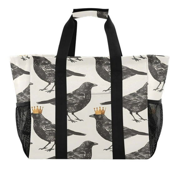 Reusable Grocery Bags with Handle Side Pocket Waterproof Shopping Portable Tote Blackbirds with Crown