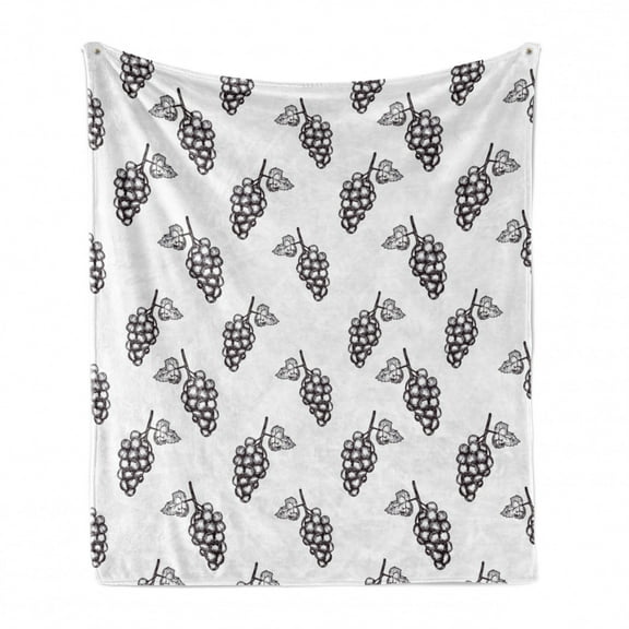 Vineyard Soft Flannel Fleece Throw Blanket, Hand Drawn Sketchy Fruits Summer Ripe Simplistic Farmers Graphic Artwork, Cozy Plush for Indoor and Outdoor Use, 50" x 60", Grey White, by Ambesonne
