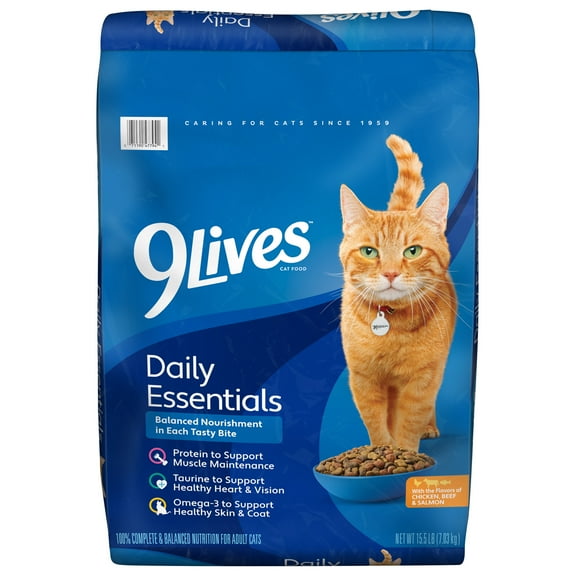 9Lives Daily Essentials Dry Cat Food for Adult Cats with Chicken, Beef & Salmon, 15.5 lb. Bag