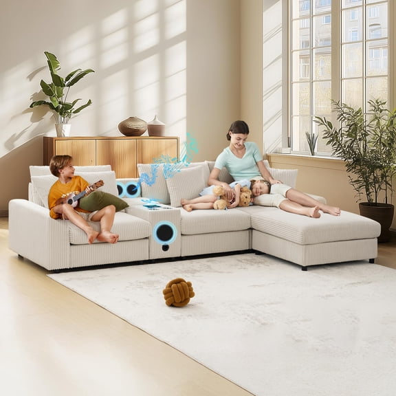 CAPCAEK 114" L-Shaped Sectional Sofa, Corduroy Deep Seat Couch with Speakers, USB Charging, Cup Holders and Ottoman, Beige
