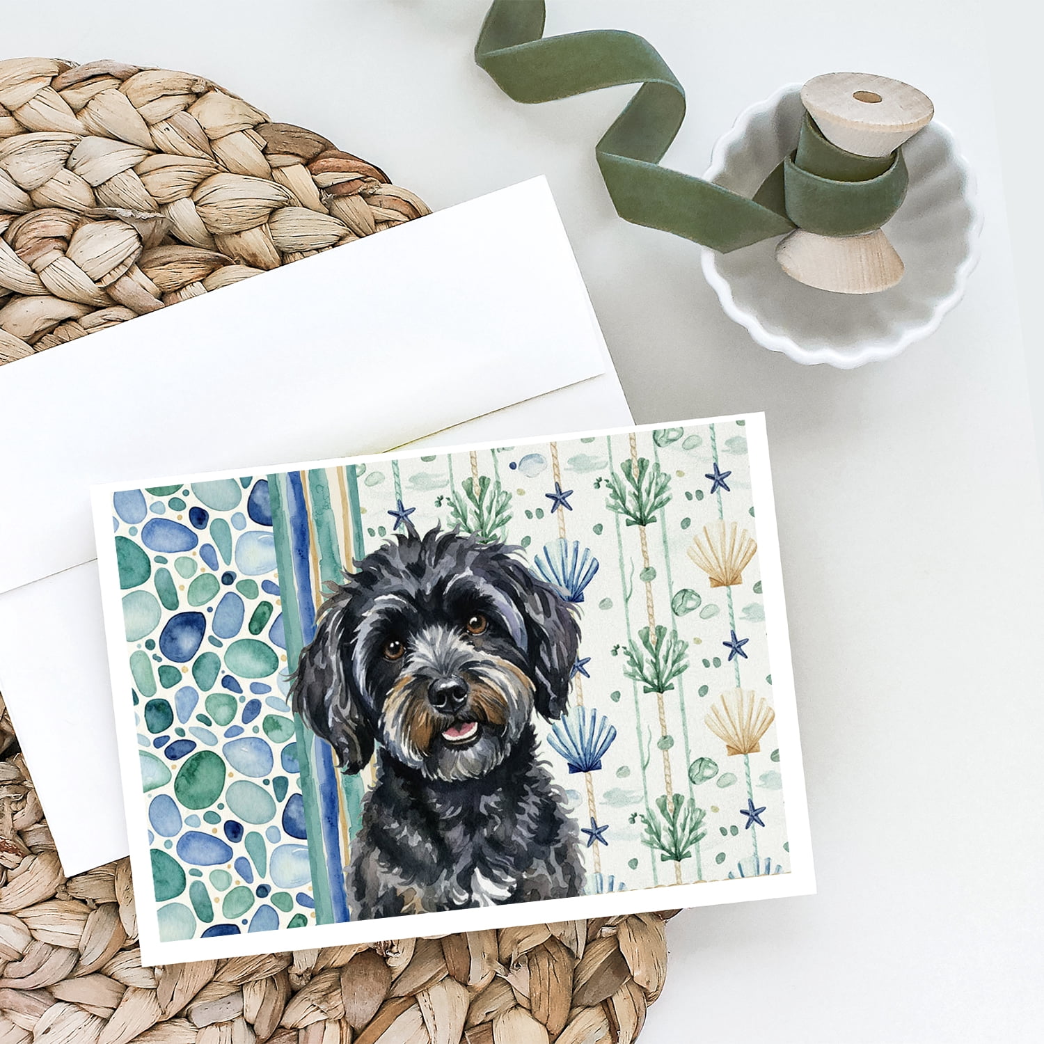 Black Havanese Coastal Sea Glass Greeting Cards Pack of 8