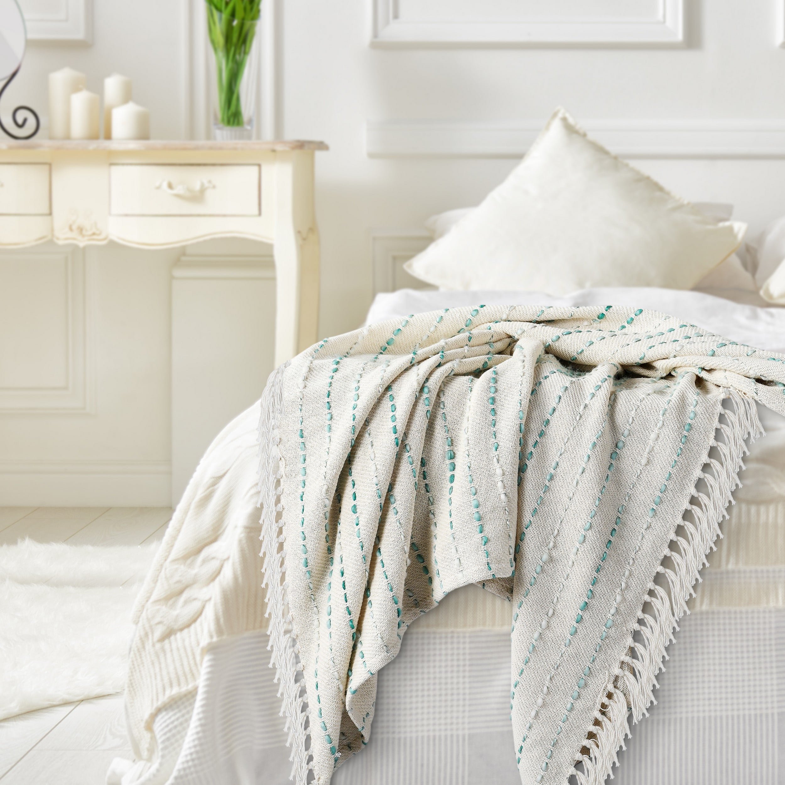 LR Home Melanie Teal/Cream Striped Embroidered with Fringe Adult Cotton Throw Blanket, 50" x 60"