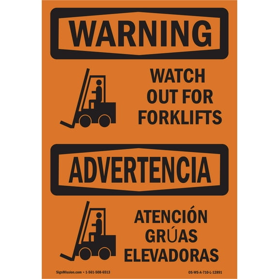 SignMission OS-WS-D-35-L-12891 OSHA Warning Sign - Watch Out for Forklifts Symbol Bilingual