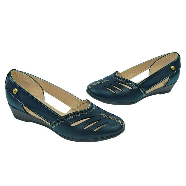 017-23 Mocasin Casual con Tacon de 4 cm para Dama Mujer en color Azul Marino, Elaborado de Piel Vacuno. Cklass 017-23