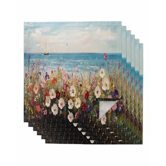 nqOlkjepod Wildflowers Oil Painted Cloth Napkins Set of 6 Reusable Dinner Napkins, Sky Blue Ocean Landscape Cocktail Napkin Washable Table Napkins for Wedding/Holiday Party/Baby Shower 20"x20"