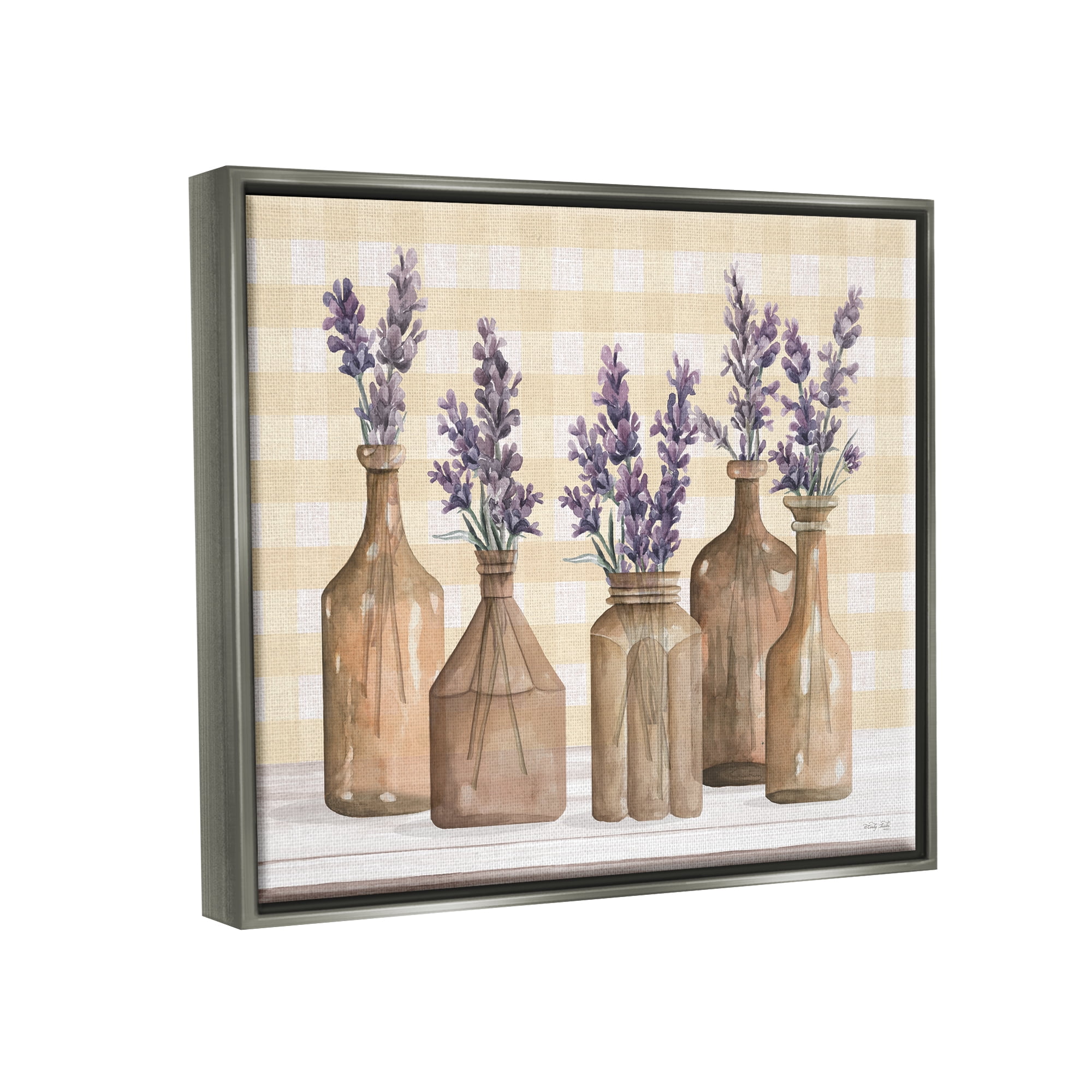Stupell Country Gingham Lavender Sprigs Botanical & Floral Painting Gray Floater Framed Art Print Wall Art