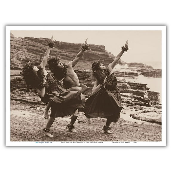 Three Hawaiian Hula Dancers - Vintage B&W Photograph by Alan Houghton c.1960s - Master Art Print (Unframed) 9in x 12in