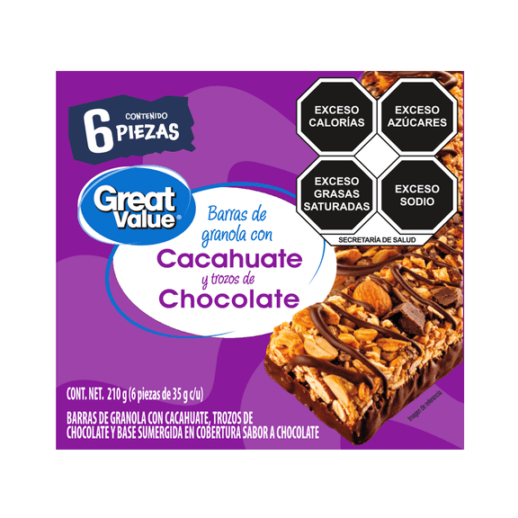 Barras Great Value con Granola con Cacahuate, Trozos de Chocolate y Base Sumergida en Cobertura Sabor a Chocolate 210 g