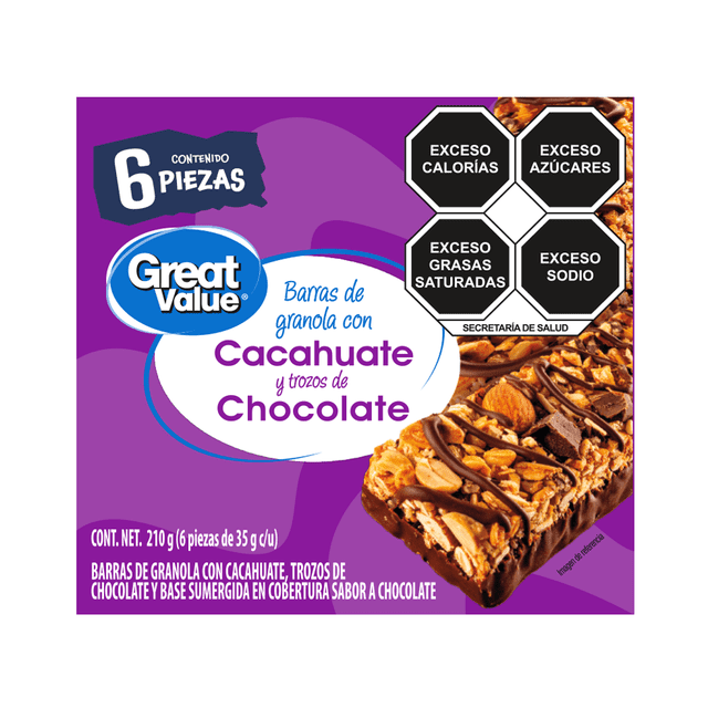 Barras Great Value con Granola con Cacahuate, Trozos de Chocolate y Base Sumergida en Cobertura Sabor a Chocolate 210 g