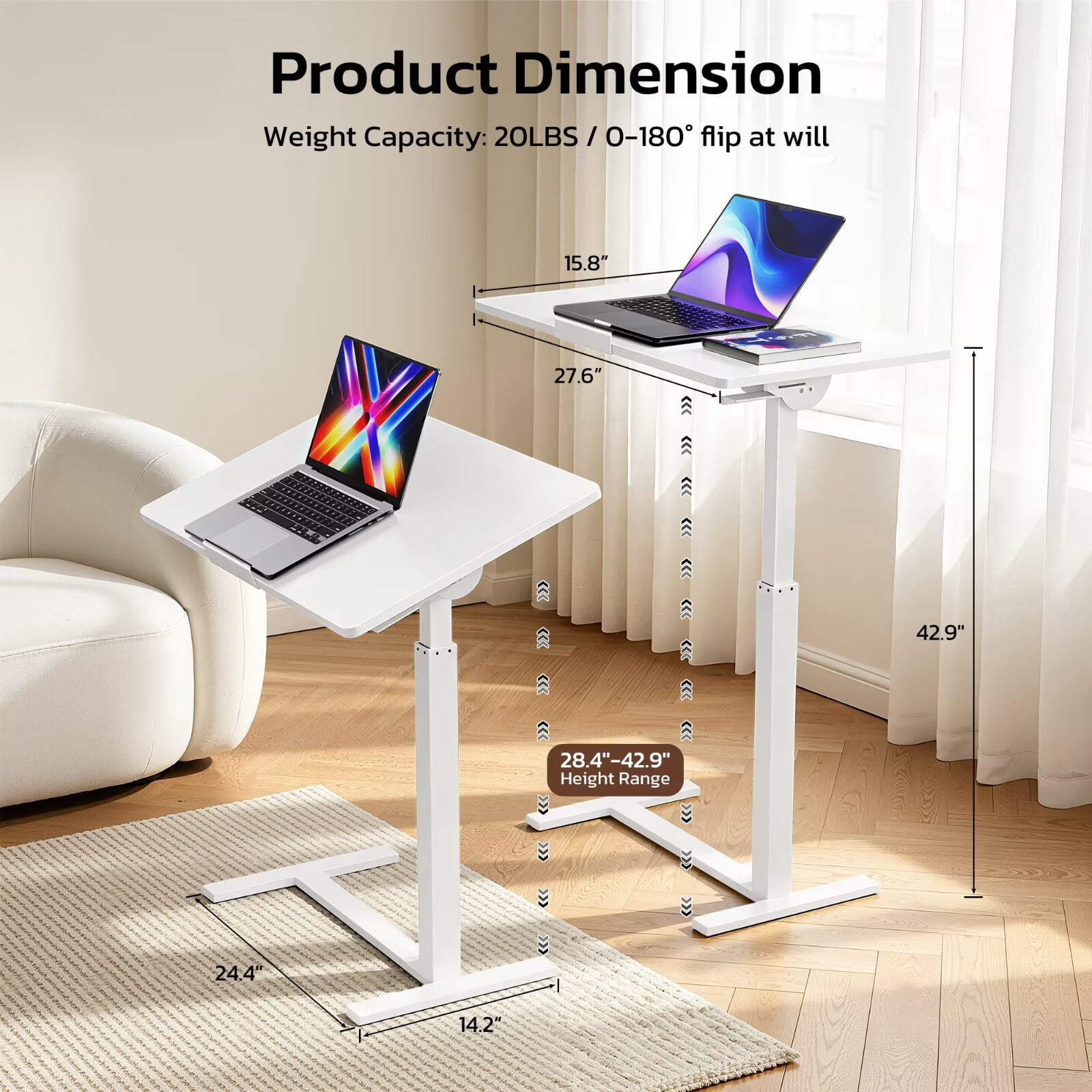Simple Deluxe 0-180°Tilt Top Mobile Standing Desk Adjustable Overbed Table, Pneumatic Height Adjustable Rolling Laptop Desk with Hidden Wheels, White