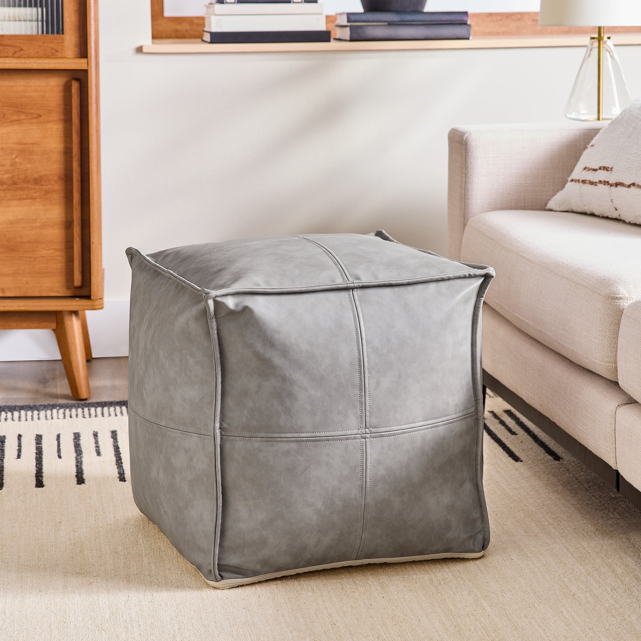 Better Homes & Gardens Faux Leather Unstuffed Pouf Cover, Grey, 18x18x18 inch (1 Unit)