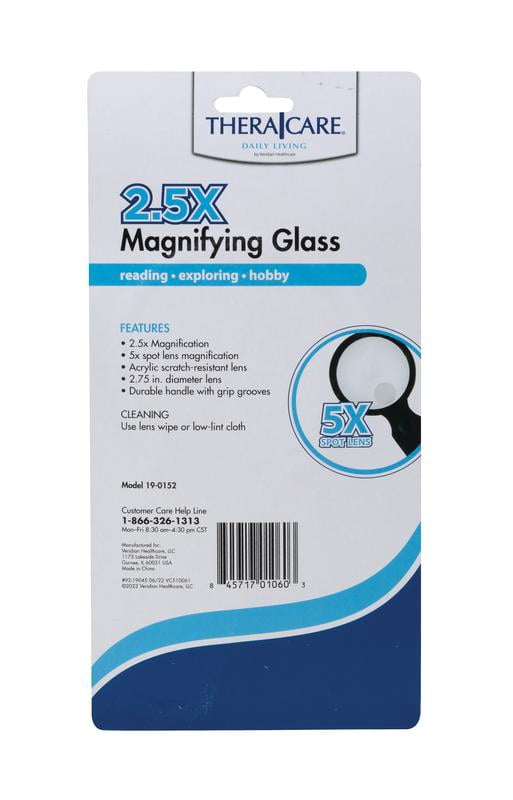 TheraCare 2.5X Handheld Magnifying Glass with 5X Spot Lens, Handheld Magnifier for Reading, Hobbies & Crafts, Scratch-Resistant, Lightweight, 2.75" Lens
