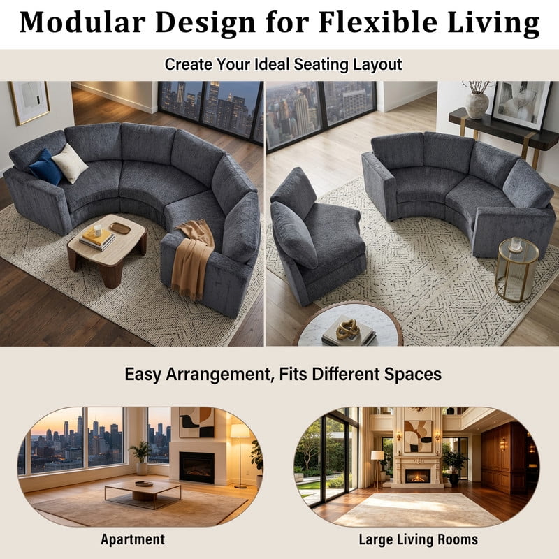 109.4'' Curved Modular Sectional Sofa, 3-4 Seat Half Moon Chenille Couch with Deep Seat, Semi Circular Accent Indoor Sofa Set